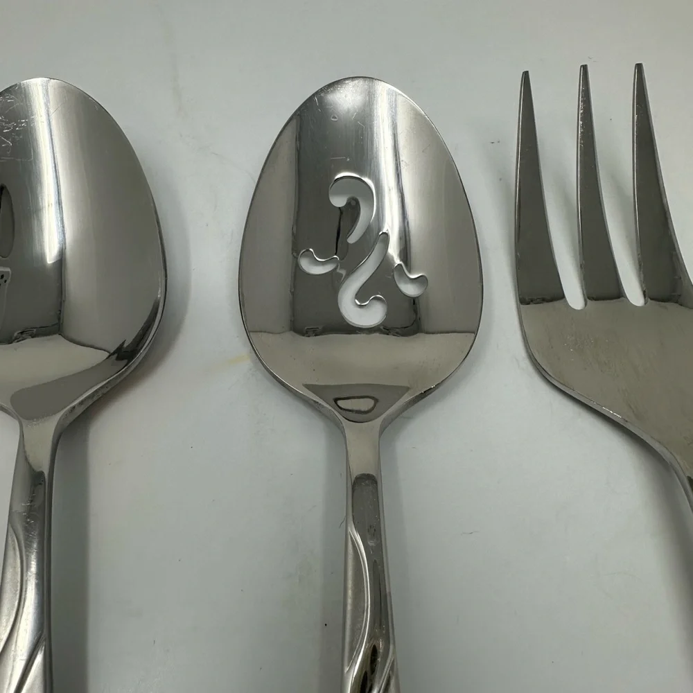 Oneida Stainless Tuscany Pattern Set of 3 Pieces Large Serving Spoons & Fork